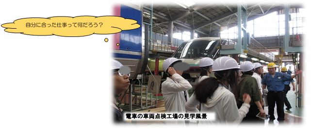 電車の車両点検工場の見学風景　工場内で車両を見ながら説明を聞いている