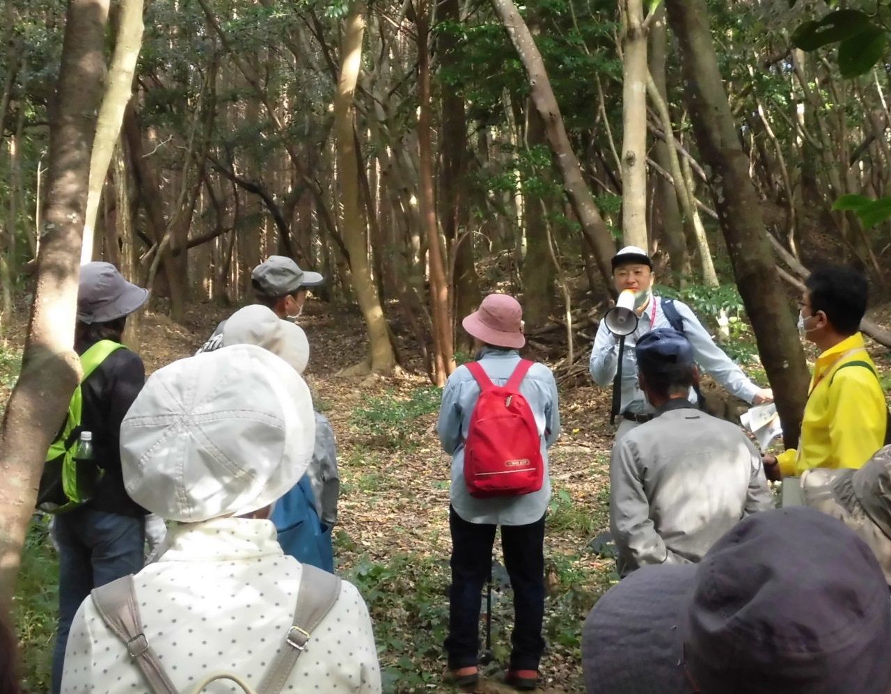 古代山陰道跡で文化財課職員から説明を聞く受講者の写真