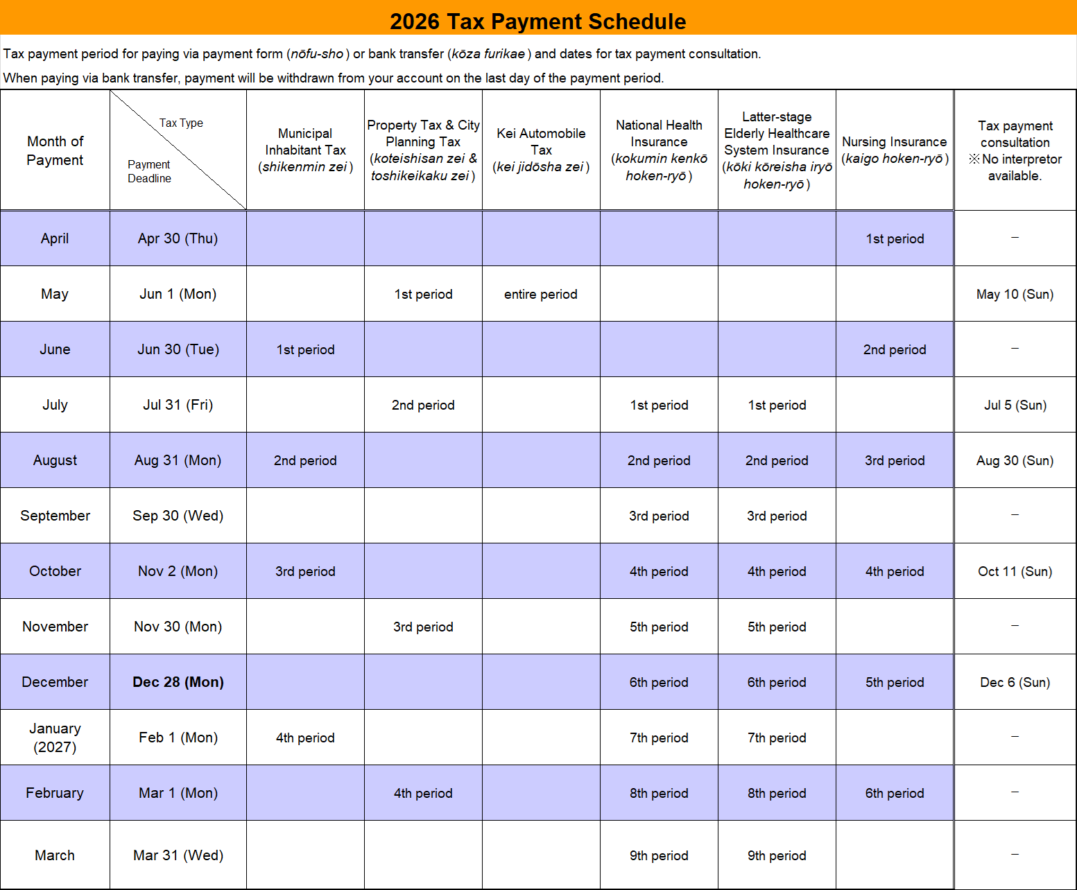 令和８年度　納税ごよみ（英語）